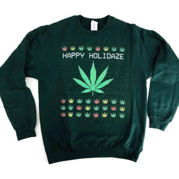 Men's Holidaze Pot Leaf Ugly Christmas Holiday Sweatshirt Medium - Picture 2 of 8